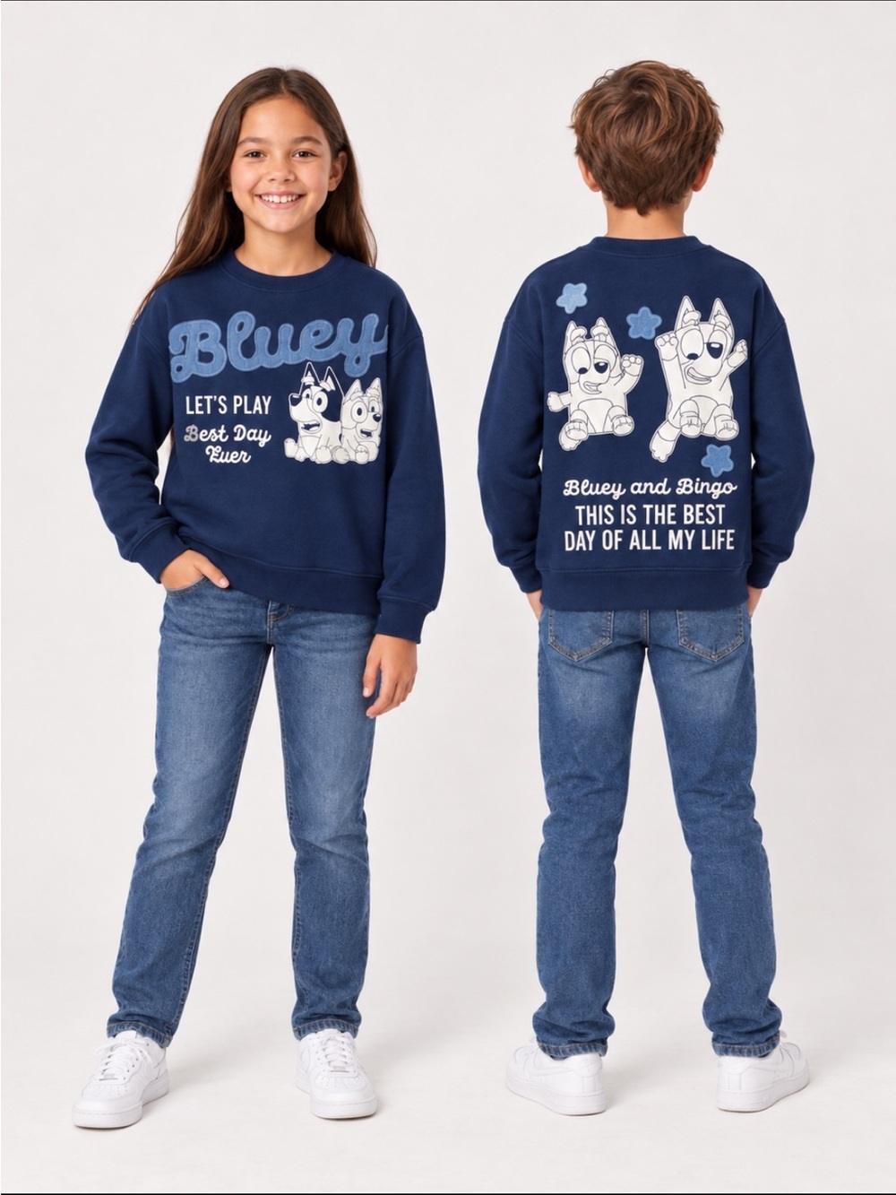 BLUEY Kids Character Soft Crewneck Sweatshirt Blue with Embroidery & Appliqué